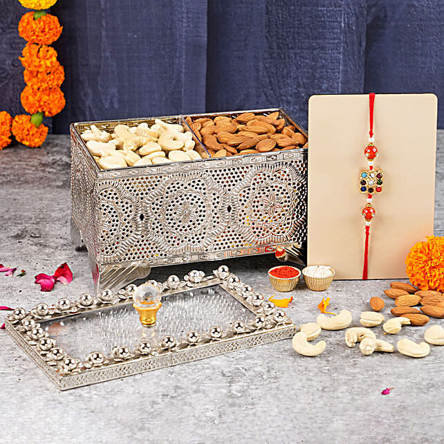 Navratna Tejas Kundan Rakhi & Dry Fruits Silver Box philippines Gift