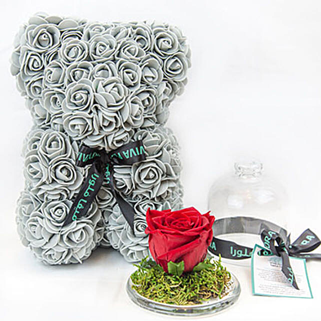 grey flower teddy bear