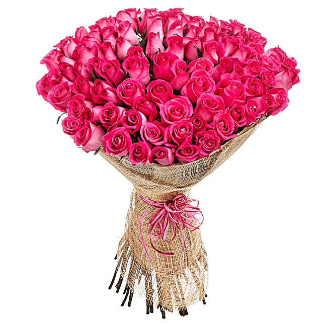 75 Elegant Pink Roses Bouquet Qatar Gift Beautiful Pink Roses In Jute Wrap Bouquet Ferns N Petals