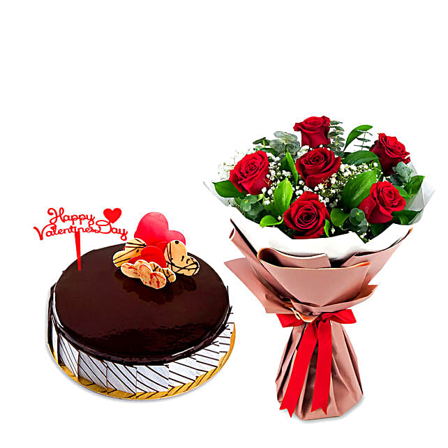 Happy Valentines Day Cake & Flowers qatar Gift Happy Valentines Day