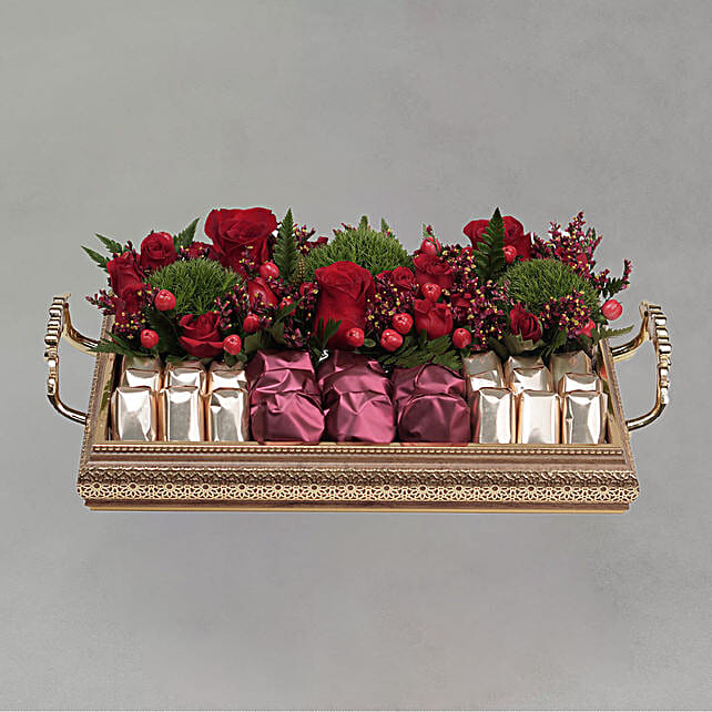 Exotic Mixed Flowers & Chocolates Golden Tray qatar Gift Exotic Mixed