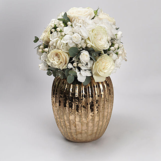 Mixed White Flowers Golden Vase qatar Gift Mixed White Flowers Golden