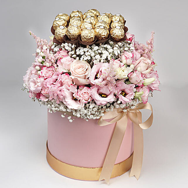 Luxurious Mixed Flowers & Ferrero Rocher Pink Box Qatar 