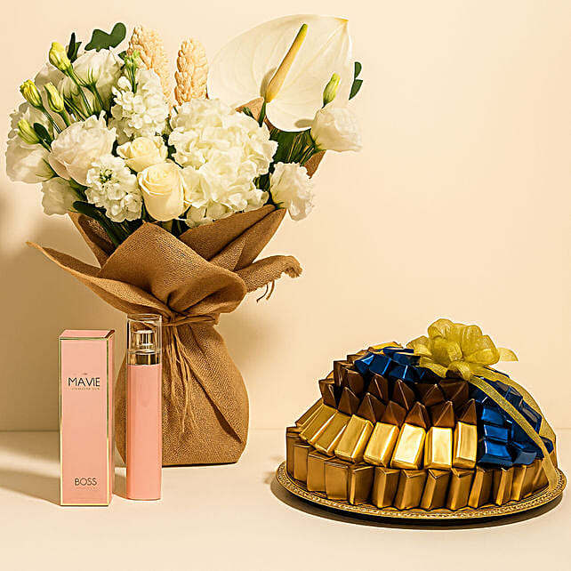 White Flowers Bouquet with Perfume and Chocolate qatar Gift White