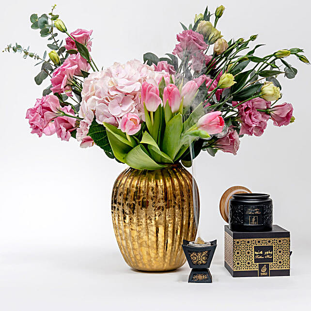 Mix Flower Arrangement in Vase with Perfume qatar Gift Mix Flower
