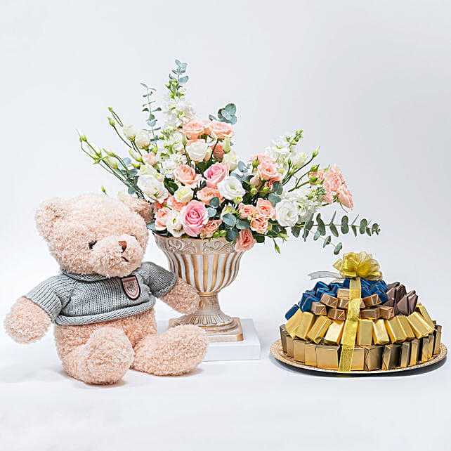 Mix Flower Arrangement with Teddy and Chocolate qatar Gift Mix Flower