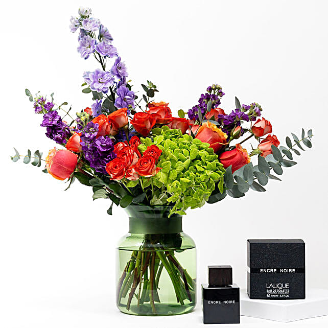 Mix Flowers Arrangement in Glass Vase with Perfume qatar Gift Mix