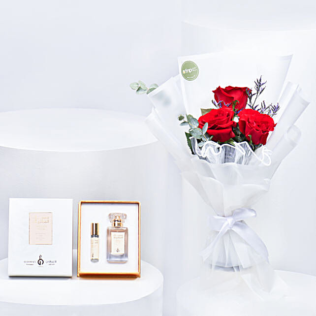 Lovely Red Rose Bouquet with Perfume Set qatar Gift Lovely Red Rose