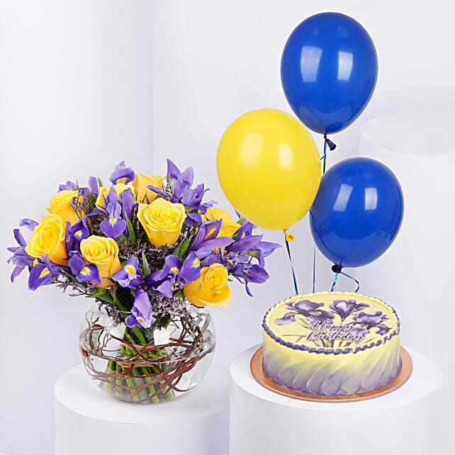 Iris Flowers with Birthday Cake with Balloons qatar Gift Iris Flowers