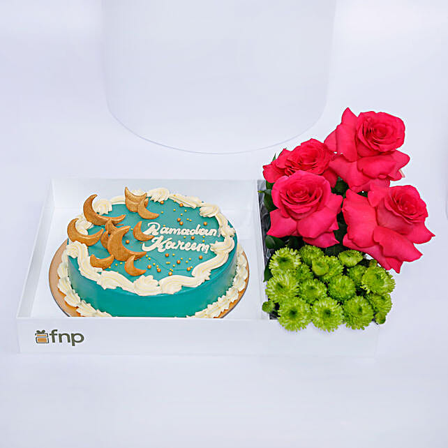 Ramadan Cake and Flowers Hamper qatar Gift Ramadan Cake and Flowers