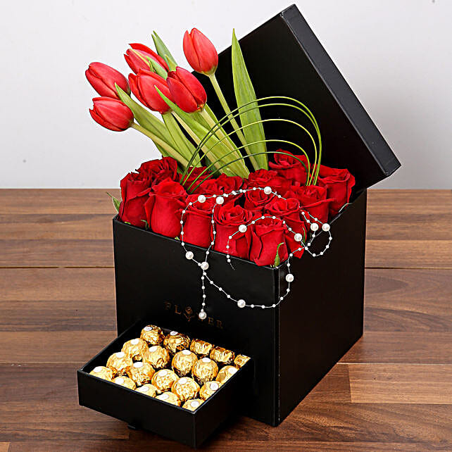 Stylish Box Of Red Flowers with Ferrero Chocolates singapore Gift
