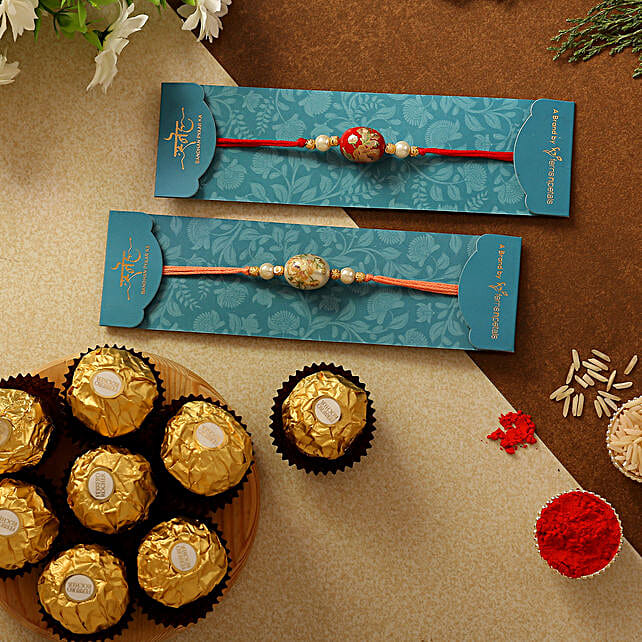 Set Of 2 Traditional Stone Rakhis & Chocolates singapore | Gift Set Of ...