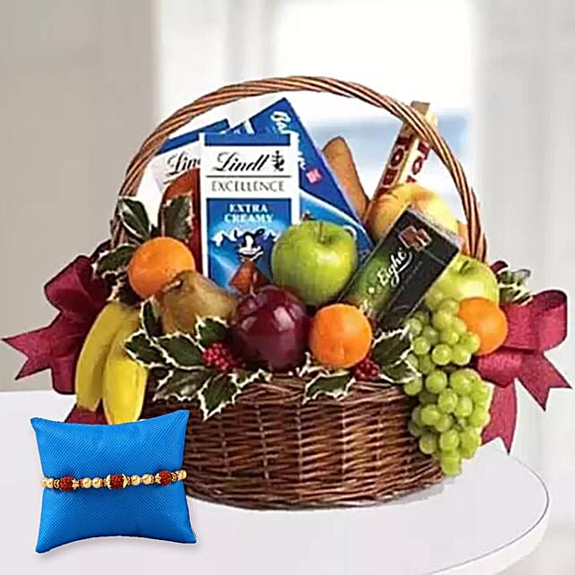 Rudraksha Rakhi & Fruit Basket singapore Gift Rudraksha Rakhi & Fruit