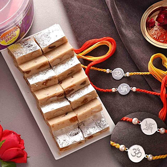 Devotional Silver Rakhi Set And Kaju Anjeer Burfi south-africa | Gift ...