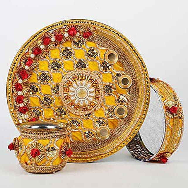 Yellow Steel Thali Combo For Karwa Chauth uae Gift Yellow Steel Thali