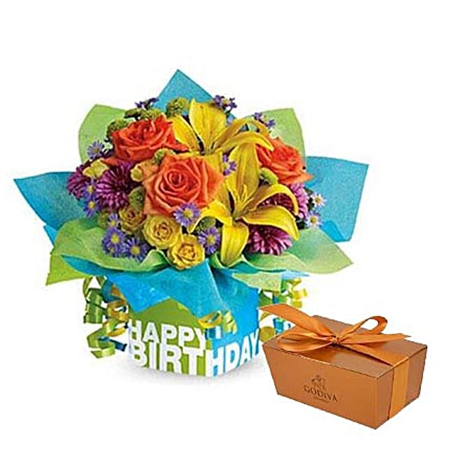 Mixed Flowers Vase Arrangement and Godiva Chocolate Combo uae Gift