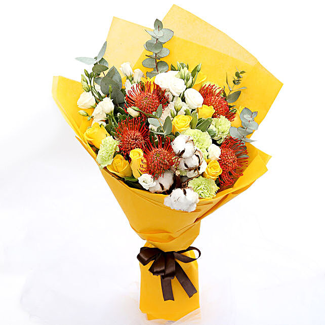 Sunshine Roses and Protea Flower Bouquet in uae  Gift Sunshine Roses and  Protea Flower Bouquet - Ferns N Petals