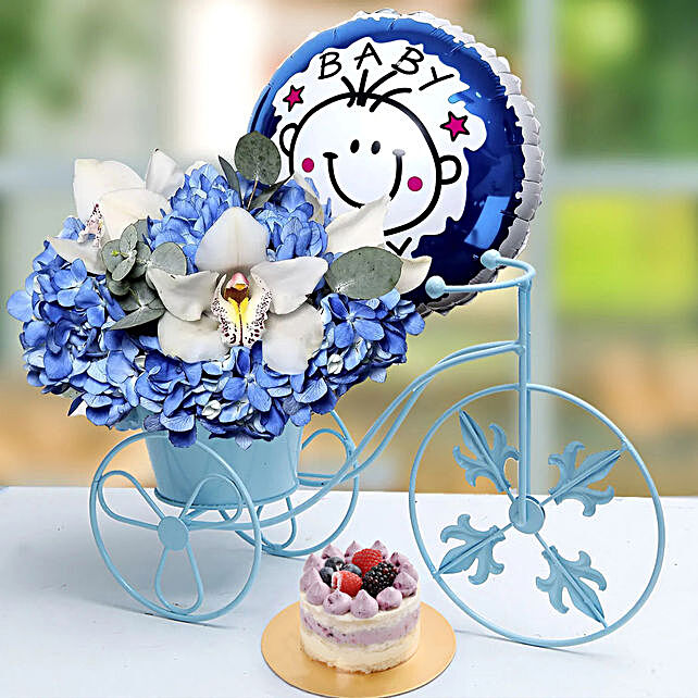 Gift Baby Boy Flower Arrangement And Cake Ferns N Petals