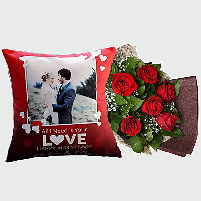 Rose Bouquet and Personalised Cushion Cover uae Gift Rose Bouquet and