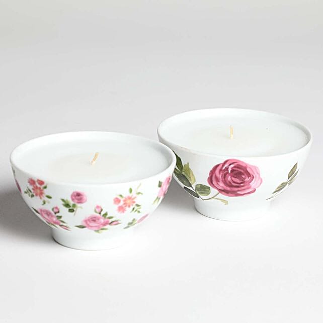 Floral Printed Ceramic Bowl Candle Set Of 4 uae Gift Floral Printed
