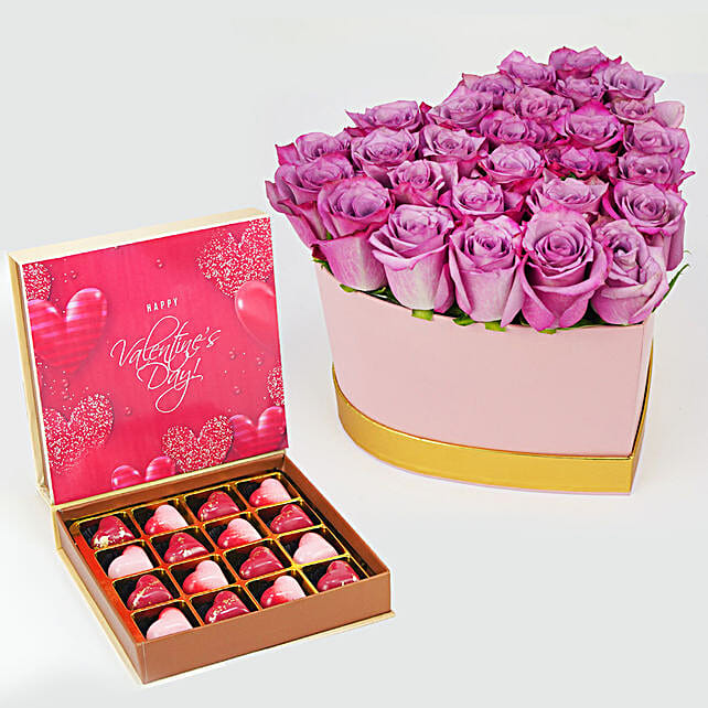 Purple Roses Heart Shape Box n Chocolate uae Gift Purple Roses Heart