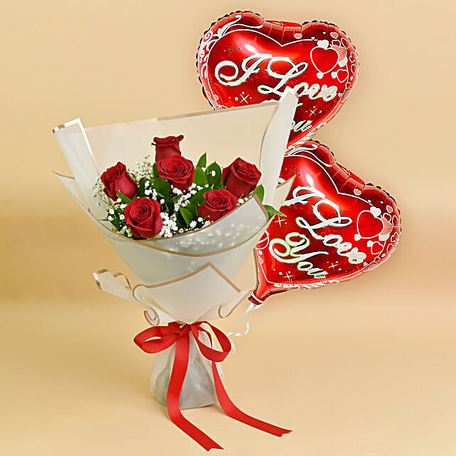 Valentines 6 Roses Bouquet And Balloons uae | Gift Valentines 6 Roses ...