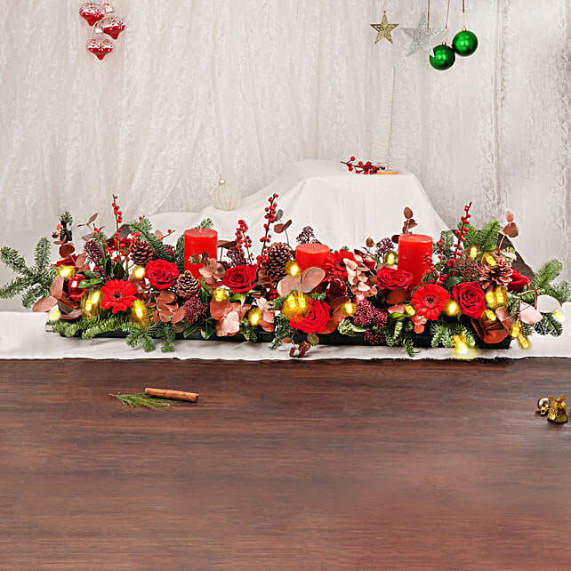 Long Table Flower Arrangement with LED Candles uae | Gift Long Table