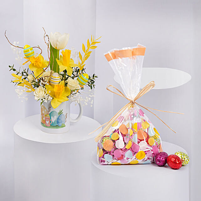 Easter Daffodils In A Mug With Chocolate uae Gift Easter Daffodils In