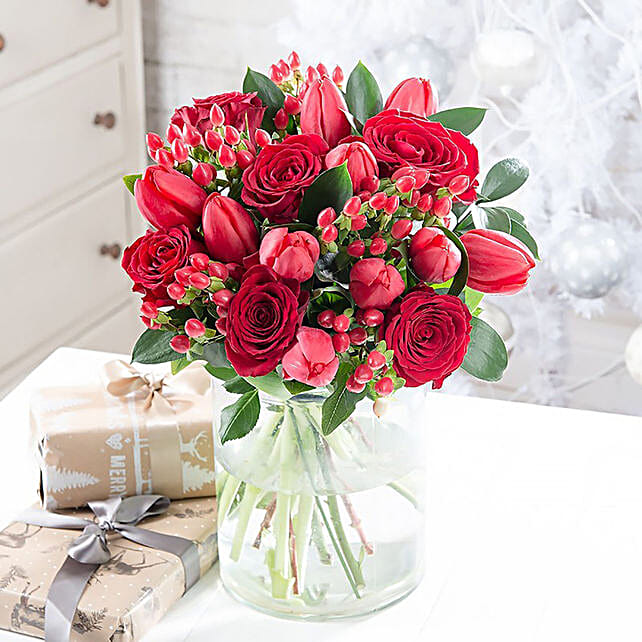 Timeless Red Roses And Tulips Vase Arrangement uk | Gift Timeless Red ...