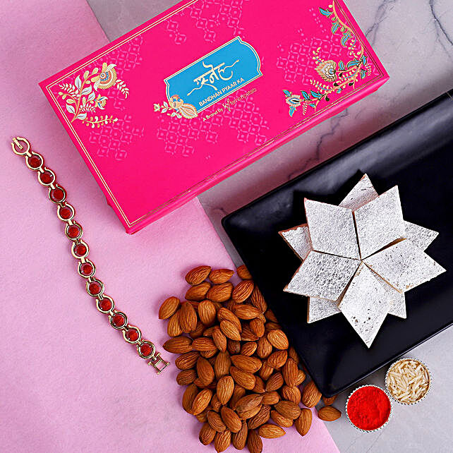 Om Rudraksha Rakhi And Almonds With Kaju Katli Exp uk | Gift Om ...