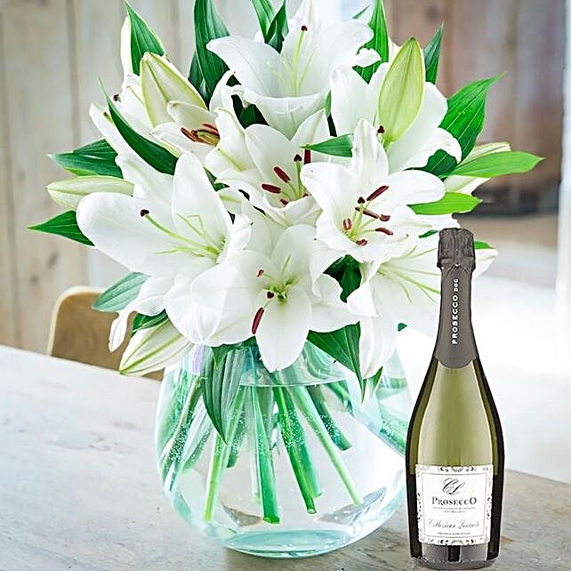 White Lily Bouquet With Prosecco Wine Uk Gift White Lily Bouquet With Prosecco Wine Ferns N Petals