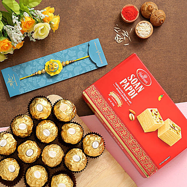 Yellow Flower Kids Rakhi With Soanpapdi And Ferrero Rocher usa | Gift ...