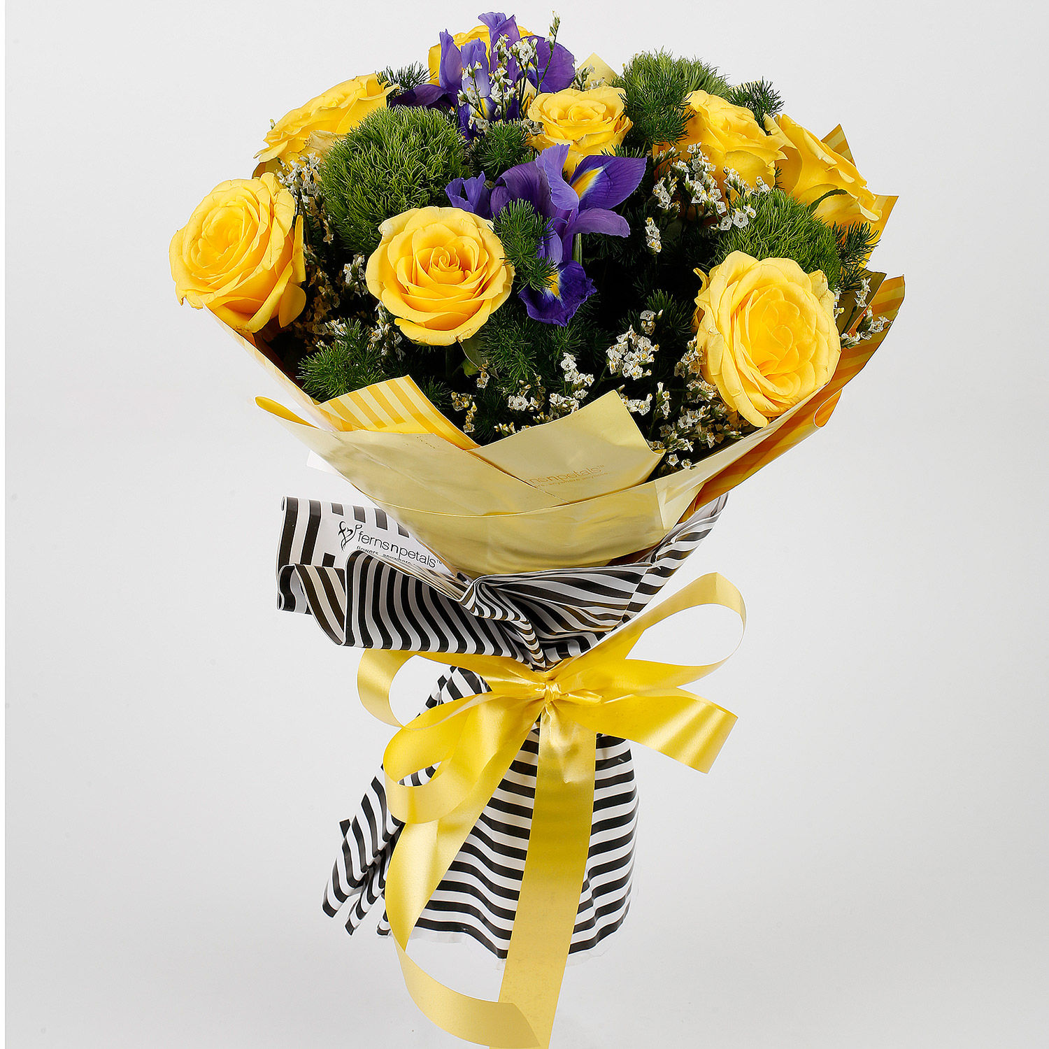 Buy/Send Yellow Roses Blue Iris Bouquet Online Ferns N Petals