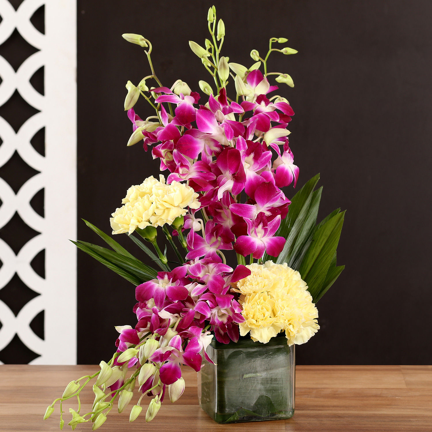 Yellow Carnations & Orchids In Vase Gift Buy Online Carnation and