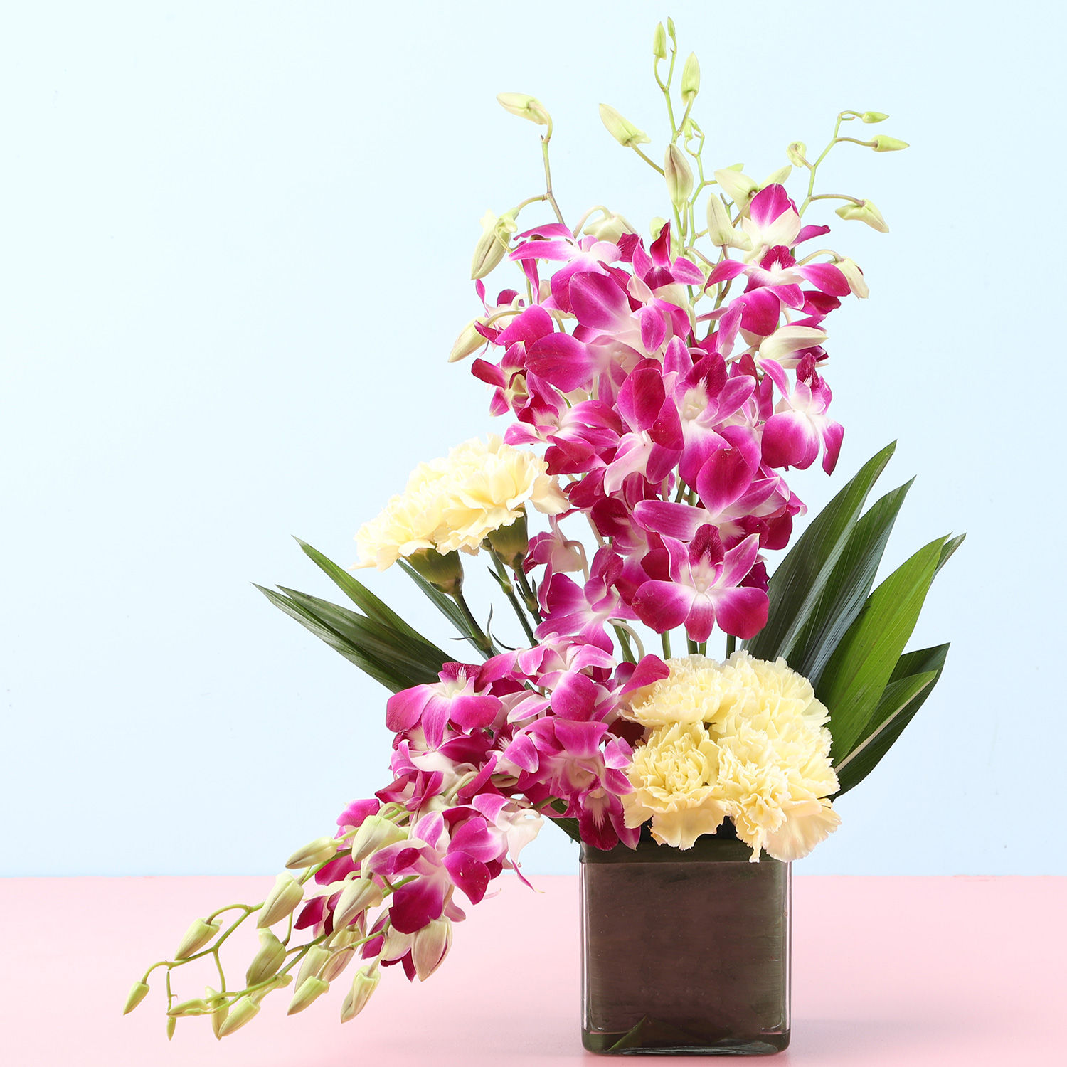 Yellow Carnations & Orchids In Vase Gift Buy Online Carnation and