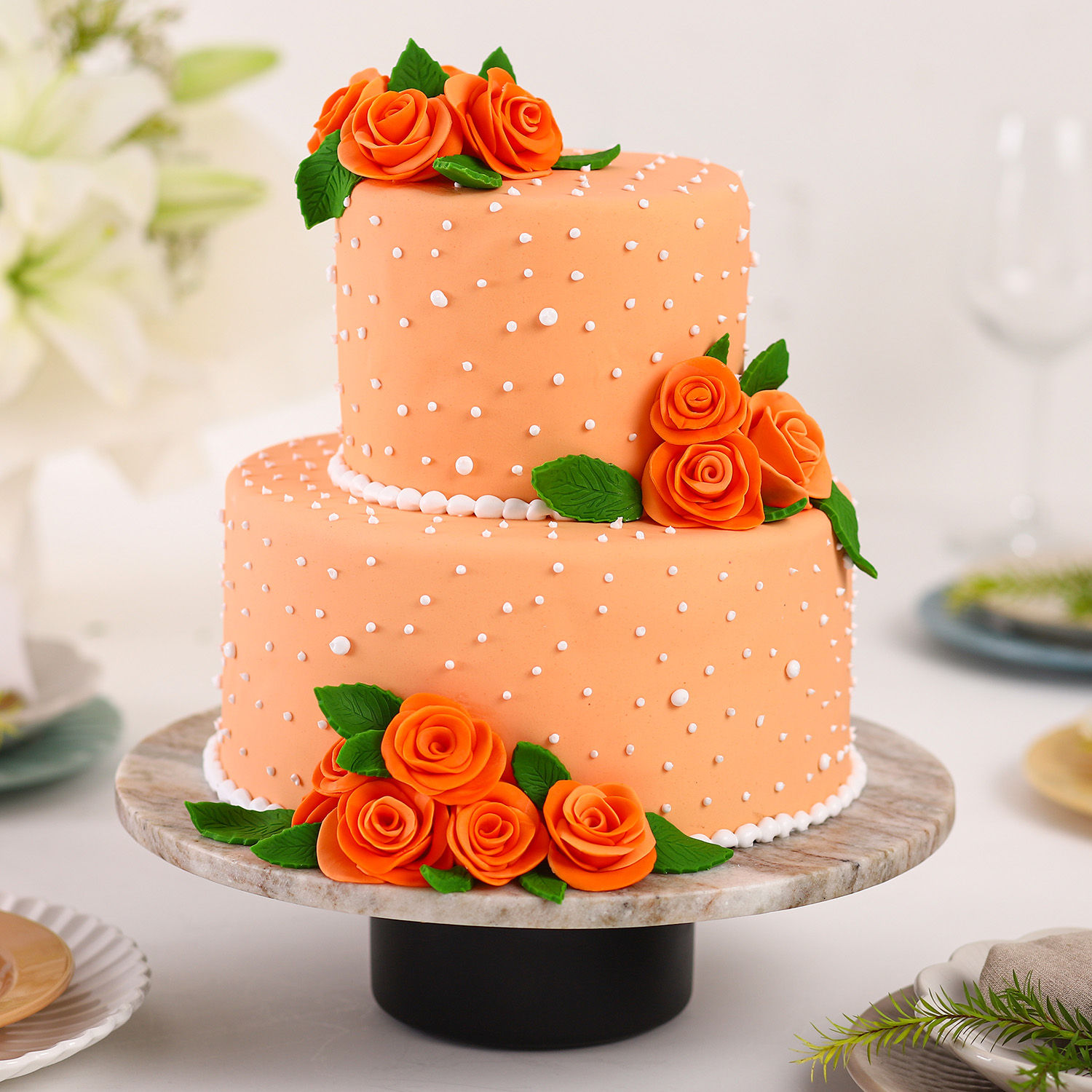 Buy/Send Peach Roses Truffle 2 Tier Cake 1.5 Kg Online Ferns N Petals